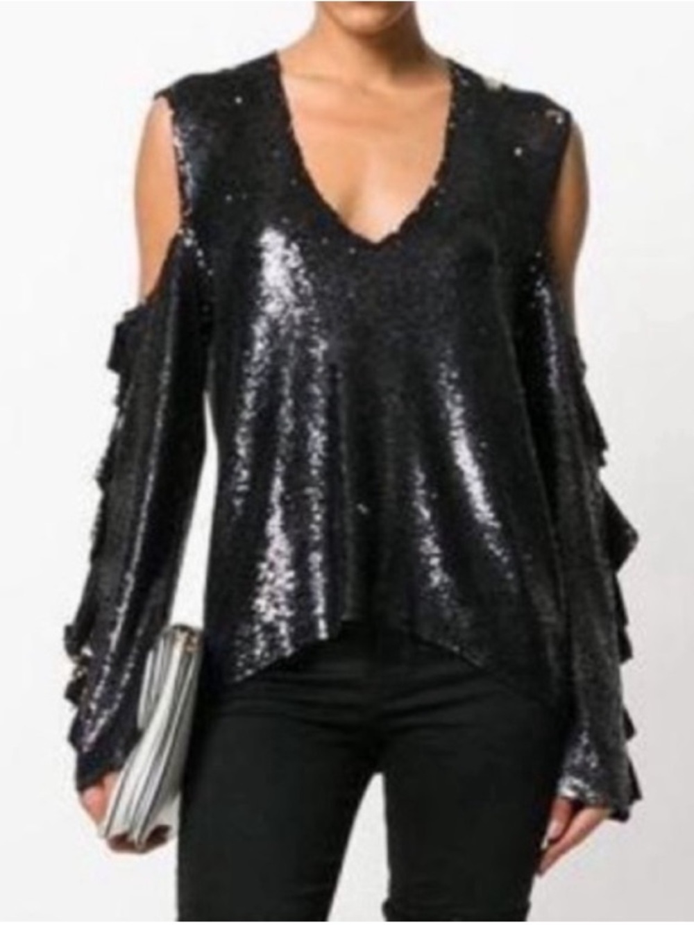 IRO Black Sequin Cold-Shoulder V-Neck Top S 2/34